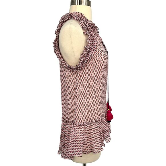 Figue Vera Tassel Top in Multi Red Ruffled Sheer Size S 100% Silk Sleeveless - Picture 6 of 9